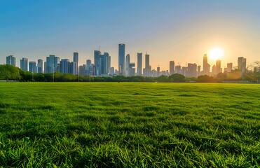 Fototapeta premium City sunrise and meadow