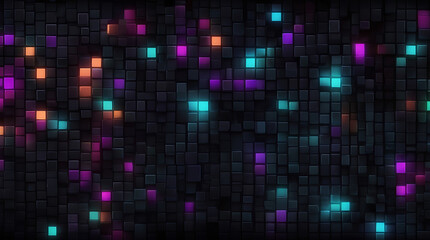 Abstract Pixel Art with Bright Neon Colors and Retro Grid Effects on a Dark Background, Featuring Ample Copy Space for Text or Branding