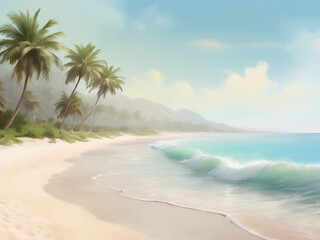 Fototapeta premium Soft Focus Digital Painting of a Tranquil Beach Scene with Gentle Waves and Palm Trees, Featuring Generous Copy Space for Text or Informational Details