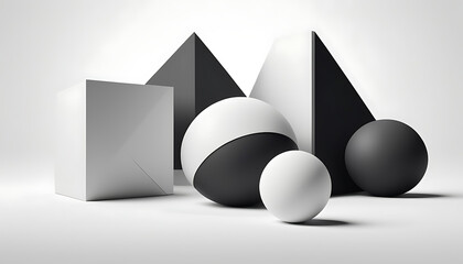 Minimalist 3D Geometric Shapes with Clean Shadows and Monochrome Colors on a White Background, Featuring Generous Copy Space for Text or Informational Details