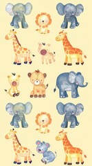 A cheerful assortment of cartoon animals includes elephants, giraffes, a lion, and a playful monkey in bright colors