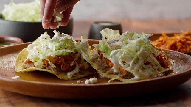 Mexican food, spreading grated cheese on a couple of tostadas with chicken tinga