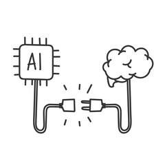 hand drawn doodle connecting brain with ai chip robotic 