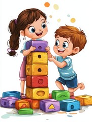 Kids Playing with Colorful Building Blocks