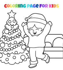 Happy kid celebration christmas outline coloring page vector illustration