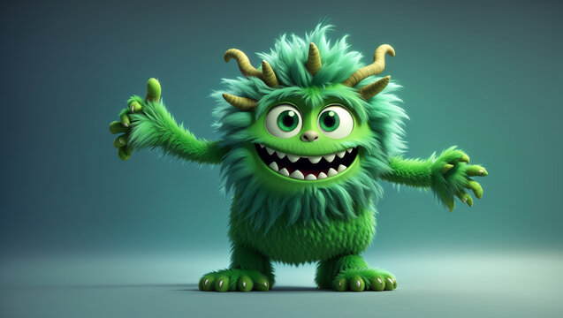 It's a cartoon green monster with big eyes and a wide smile, 