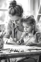 Fototapeta premium A Mother and Daughter Engaged in Creative Collaboration: A Monochromatic Depiction of Shared Artistic Expression