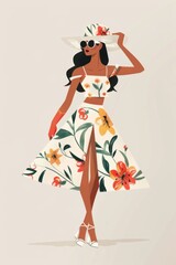 Minimalism illustration, a Latina woman, wearing a floral dress with a matching hat and gloves, standing with one hand on her waist, vintage retro fashion, flat illustration on light gray background 