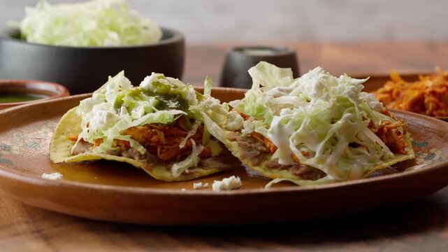 Mexican toasts, adding spicy green sauce to a couple of tostadas with chicken tinga