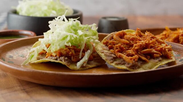 Mexican toasts, placing chopped lettuce on a pair of tostadas with chicken tinga
