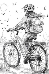 Obraz premium A Woman Riding a Bicycle through a Grassy Field with Birds Flying Overhead, a Simple Black and White Sketch