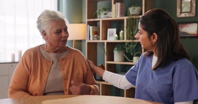 Senior woman, consultation and caregiver with patient in elderly care, support or discussion at old age home. Female person or medical nurse listening and talking to client for health advice or help