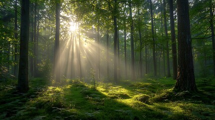 Obraz premium Misty morning sunlight filters through ancient trees, painting a golden path in the emerald woodland