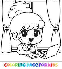 A cute girl are studying outline coloring page illustration