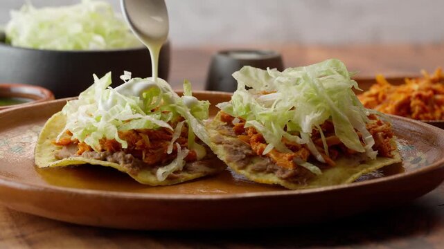 Mexican tostadas, pouring sour cream on a couple of tostadas with chicken tinga