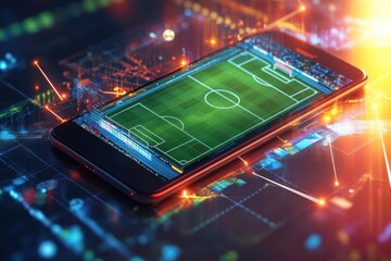 Online sport betting banner, A promotional banner featuring a mobile phone with an online soccer betting app interface