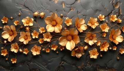 Obraz premium A luxurious wallpaper with a 3D bunch of leaves and flowers on a black background, offering ample copy space for text