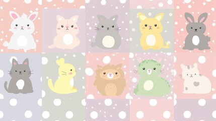 Adorable cartoon animals pose together on a colorful background with polka dots, showcasing their unique cuteness and charm