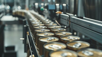 A close-up of a machine sealing lids on cans in a food processing plant