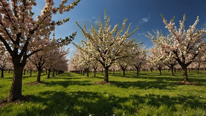 Obraz premium Cherry Orchards: Cherry orchards are especially stunning in spring when the trees are covered in fluffy white or pink blossoms. The scene is often picturesque with lush green grass and blue skies.