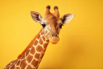 Cute Giraffe Close Up Against Yellow Background in Studio Lighting