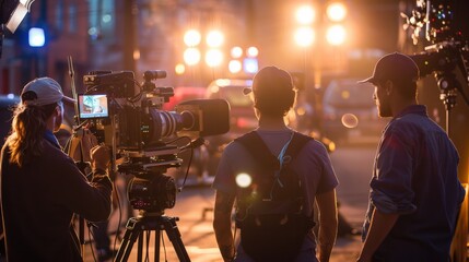 A director and actors discussing a scene on a movie set with lights and cameras surrounding them