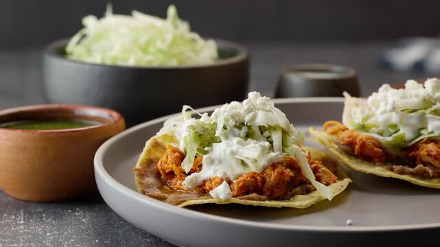 Toasts prepared with chicken tinga, traditional Mexican stew