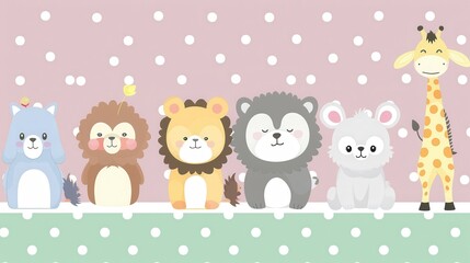 Obraz premium Adorable cartoon animals stand cheerfully in a playful, colorful setting with polka dots and a whimsical design