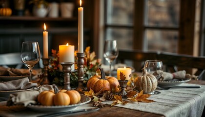 Fototapeta premium nviting and Warm Autumn Dinner Table Set with Rustic Tableware, Candles, and Seasonal Decorations Including Pumpkins and Leaves