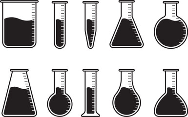 Obraz premium 様々な形の実験用具、フラスコ、ビーカー、試験管などのガラス器具のベクターイラストセット