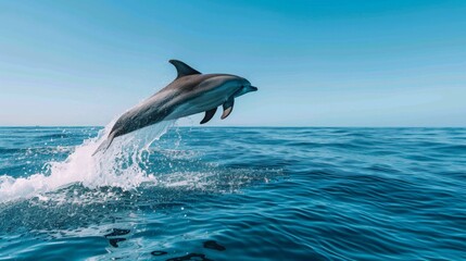 Fototapeta premium A dolphin leaping out of the water with a clear blue sky in the background