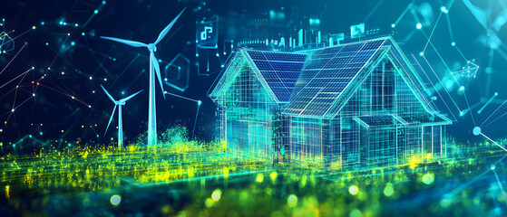 A smart home powered by renewable energy solar, and wind with LEDs, tracking energy usage and environmental impact, promoting a sustainable. future of energy management systems