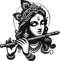 Adobe Illustrator Artwork Lord Krishna's face with peacock on his head and flute, happy Janmashtami
