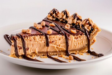 Chocolate cake with caramel sauce and nuts on a dark background
