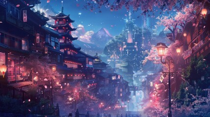 Fototapeta premium A captivating anime background with a beautifully detailed cityscape at twilight, featuring stylized buildings, glowing streetlights, and cherry blossom trees in full bloom, creating a magical and