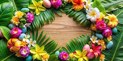 Tropical Hawaiian Easter celebration with colorful lei, fresh flowers, and palm leaves, Hawaii, tropical, Easter