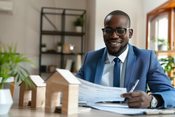 Obraz premium Businessman consulting with banker about mortgage options, highlighting expertise and guidance