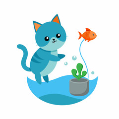 Kitten Catching Fish in Aquarium Vector Illustration - Cartoon Clipart and Line Art Design