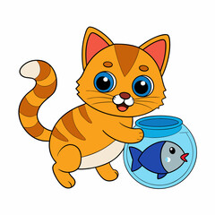 Kitten Catching Fish in Aquarium Vector Illustration - Cartoon Clipart and Line Art Design