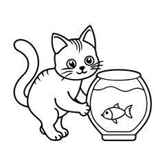 Kitten Catching Fish in Aquarium Vector Illustration - Cartoon Clipart and Line Art Design