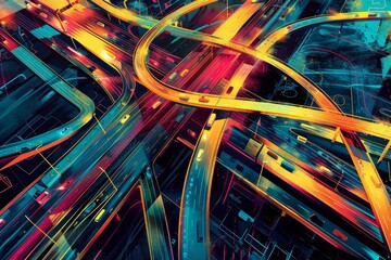 Abstract illustration of interconnected roads and highways, showcasing transportation and mobility