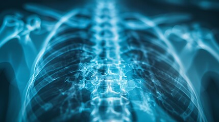 A high-resolution X-ray of the rib cage, focusing on detecting fractures, detailed bone structure, medical precision, blue-tinted monochrome, radiology equipment in frame, clinical environment.