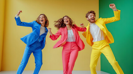 Obraz premium Three Friends Jumping in Colorful Suits - Photo