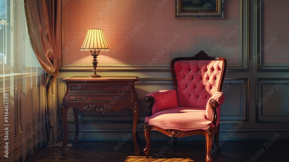 Poster Vintage room: pink classical armchair with desk lamp