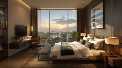 Fototapeta premium beautiful hotel room with a view of the big city