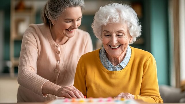 Caring staff helping a senior lady with a hobby in an assisted living center, warm and inviting atmosphere, Senior, Lady, Assisted Living, Personalized care