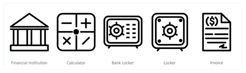 A set of 5 Business icons as financial institution, calculator, bank locker