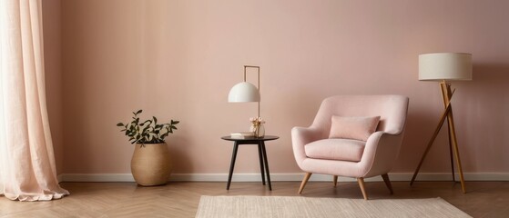 Stylish modern interior featuring a pink armchair, a wooden lamp, and a minimalist decor setting, exuding comfort and elegance.