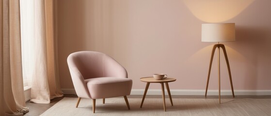 Stylish modern interior featuring a pink armchair, a wooden lamp, and a minimalist decor setting, exuding comfort and elegance.