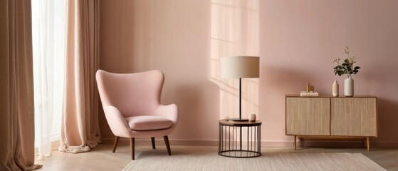 Stylish modern interior featuring a pink armchair, a wooden lamp, and a minimalist decor setting, exuding comfort and elegance.